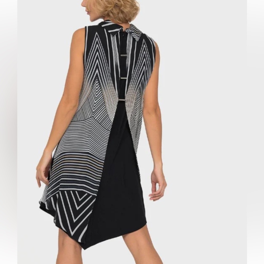 Joseph Ribkoff black white beige modern-sleeveless 3/4 length blouse/dress.